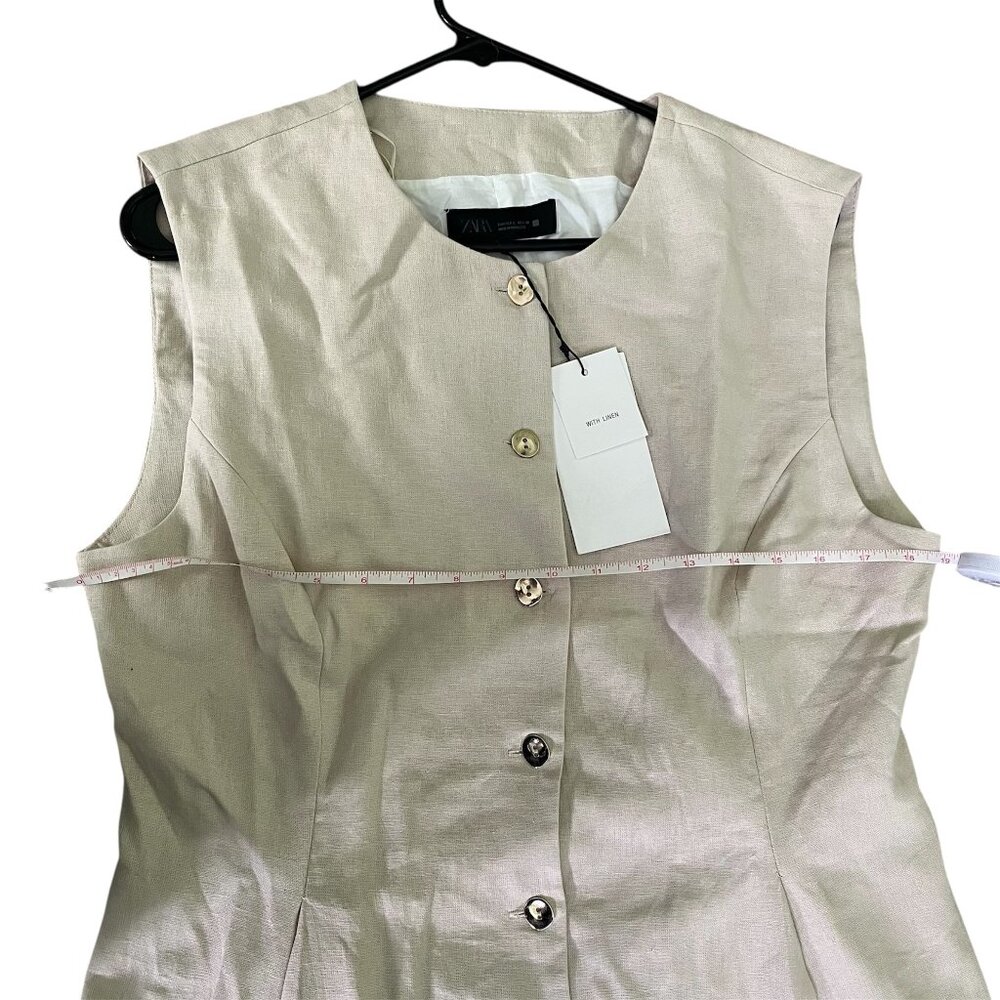 Zara Linen Dart Vest Sand Beige Size Large NWT Sleeveless Button Front Tailored - Picture 4 of 9
